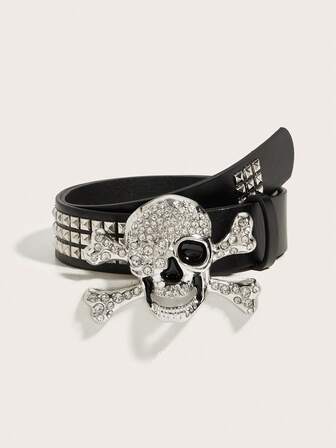 1 pieza Cinturón de cintura para hombres con diseño de calavera con rhinestones, estilo punk rock, streetwear, Y2K, cinturón de calavera con remaches, cinturón de cuero casual punk rock Y2K, adecuado para uso diario