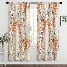 2PCS. Digital  Printed Curtains In A Vintage Country Style, Featuring Watercolor Floral Elements. The Grommet  Top Design Allows Easy Installation. Suitable Spaces Such As Living Rooms, Bedrooms, And Studies, Adding An Elegant Charm To Home Decor. - 杏色 - 查看 3