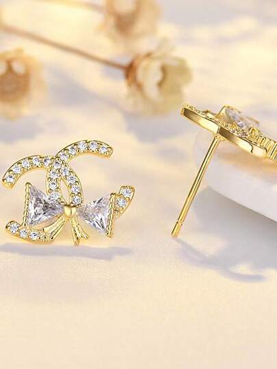 极简蝴蝶水钻装饰金色蝴蝶结珍珠耳钉，女士款
