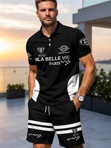 男士休闲时尚街头赛车风格字母印花短袖Polo衫和抽绳腰短裤套装，夏季 - 彩色 - 查看 2