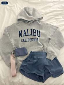 Women'S Casual "Malibu California" Graphic Hoodie - Light Gray, Long Sleeve, Drawstring, Geometric Print, Spring & Fall Fashion, Loose Fit, All-Season Comfort, Casual Wear Hoodie |   Relaxed Fit Hoodie |   Polyester, Sweater Hoodie  Women Winter Clotheshoodie,Christmas Outfit WomenchristmasWomen's Oversized Hoodie - 灰色 - 查看 6