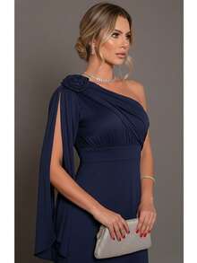 Bridesmaid Dress For Parties, Guests, Receptions, Graduations, Without Glitter, Cape Sleeves In Flowing Fabric With A Flower Brooch. - Navy Blue - View 2