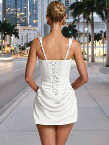 Fashionable Sexy Elegant Short Spaghetti Strap Mini Bodycon Dress, Summer Pleated Party Cocktail Dress, White Lace Backless Formal Gown - White - View 11