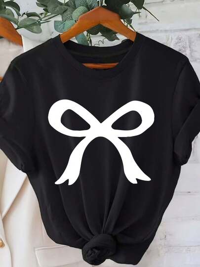 Camiseta Casual de Manga Corta con Cuello Redondo para Mujeres - Estampado de Lazo en Blanco y Negro, Ajuste Relajado, Lavable a Máquina, Top de Comodidad para Primavera y Verano, Atuendo Casual, Ropa Casual Duradera