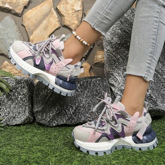 女式厚底拼色厚底运动鞋，2025全季新品，双色系带，收腰，百搭软底舒适时尚休闲鞋，适合新年、圣诞节、万圣节