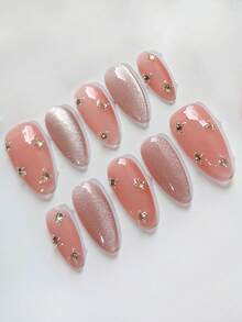 10pcs Pink Cat Eye Almond Shaped Handmade Press-On Nail Stickers, Pink Nails, Shiny Cat Eye, Solid Color Nails, Handmade False Nails, Decorated With 3D Rhinestones, Suitable For Girls And Women For Daily Wear, Weddings, Holidays, School, Parties, Nail Decor, Includes Gel And Nail File. Nail Supplies - Baby Pink - View 3