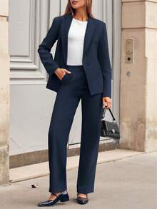 Casly Lamiit Women Plain Long Sleeve Suit Collar Regular Top And Pants Set Elegant Composite Fabric Suit With Pockets - Màu xanh hải quân - Xem 5