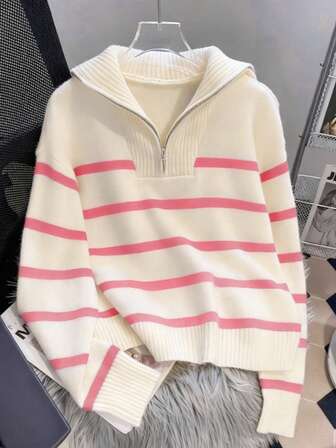 Women's Striped Casual Zip-Up Loose Knit Sweater With Turndown Collar, Long Sleeve