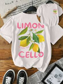 Women's Casual Lemon Fruit Print Round Neck Short Sleeve Loose T-Shirt, Summer - White - View 1