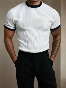 Herren Sommer Lässig Crew Neck Patchwork Schwarz & Weiß gestreiftes Kurzarm T-Shirt - Weiss - Übersicht 3