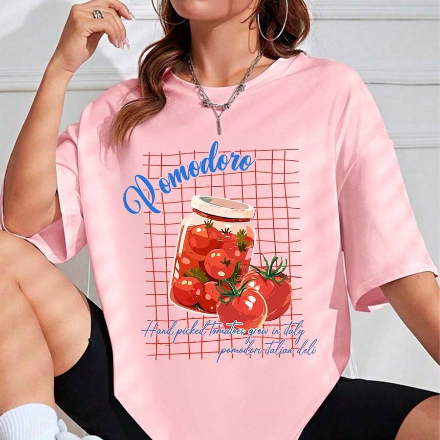 Camiseta Casual Feminina Estampa de Tomate Pomodoro Blusa T-shirt Camisa Manga Curta Oversized