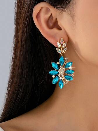 1对2024新款简约3D立体水晶玻璃水钻韩版时尚蓝色莲花耳钉，长款优雅水钻花朵耳环，女士款