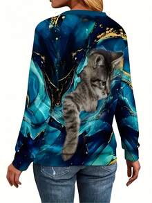 Women's Casual 3D Printed Cat & Cosmic Pattern Long Sleeve Sweatshirt - Soft Round Neck Pullover With Relaxed Fit, Machine Washable Autumn Fashion Top, Weekend Attire, Playful Design, Durable Construction, Followers - Style - View 3
