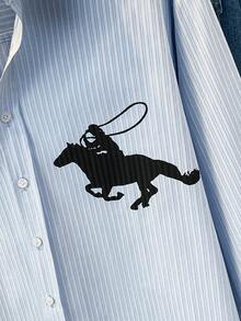 Women's Summer Striped Shirt With Funny Knight Water Print, Casual Blouse