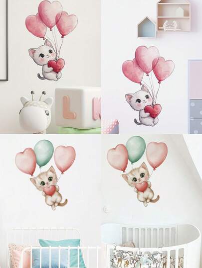 1pc, Cartoon Cat With Heart Balloons Wall Decal, Matte Finish, Self-Adhesive Plastic Sticker, Removable For Living Room, Bedroom, Door, Window, Car, Laptop, Toilet Decor