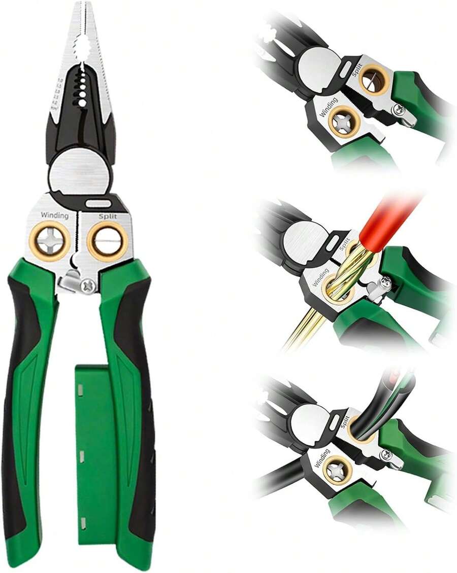 8-In-1 Wire Crimper Stripper With Voltage Detector  Dual Alarms - Heavy Duty 12-250V  Tester For Hot/Neutral Wires - Electrician, HVAC, Car Repair Tool (Green) - 綠色 - 查看 1