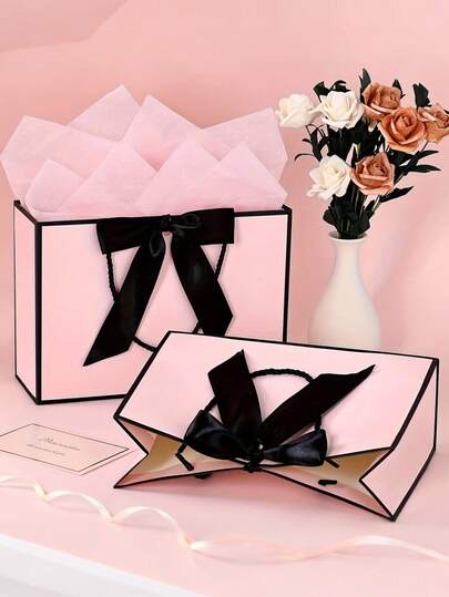 10pcs Pink Gift Bags With Greeting Cards, Handled Gift/Shopping Bags (2 Packs, Including 1 Gift Bag With Ribbon Bow And 1 Greeting Card), Luxury Gift Bags, Suitable For Birthday, Wedding, New Year, Valentine's Day, Bridesmaid Party, Gift Wrapping