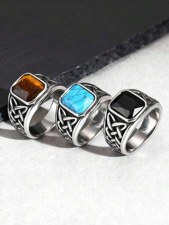 1pc Vintage Stainless Steel Square Turquoise Casting Ring, Men's Jewelry