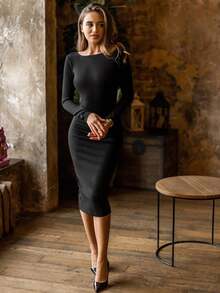 Women's Fashion Long Sleeve Bodycon Dress Midi Deep V Backless Faux Pearl Embellished Black Party Dress Sexy Night Out Birthday Evening Cocktail Dress Spring Summer New Wedding - Black - View 6