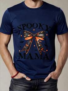 Camiseta de Manga Corta Negra con Estampado de Arco y Texto Spooky Mama para Halloween - Azul Marino - Ver 1