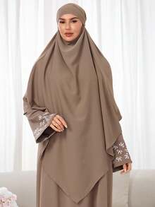 两件套：头巾+长袍，袖口刺绣设计，宽松舒适的穆斯林服饰，适合女性日常穿着和祈祷，四季皆宜 - 彩色 - 查看 24