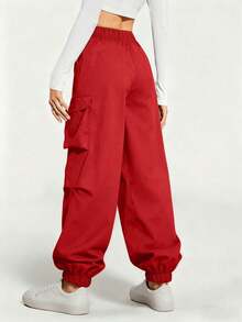 1 pieza Pantalón cargo de unicolor informal para niñas preadolescentes para uso al aire libre - Rojo - Ver 2