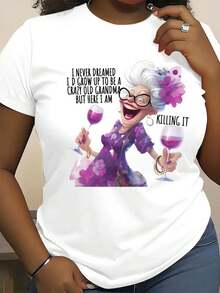 Women's 100% Cotton T-Shirt - Killing Like Grandma, Funny Cartoon Slogan Design, Breathable Round Neck, Loose Fit, Short Sleeves For Spring/Summer, Casual And Ironic Top, Machine Washable Gift, Ladies' T-Shirts, Playful Clothing, Luo Print, Fabric Shirt - 白色 - 查看 1