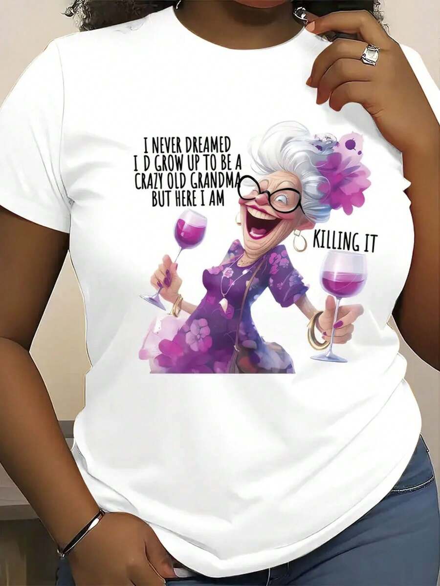 Women's 100% Cotton T-Shirt - Killing Like Grandma, Funny Cartoon Slogan Design, Breathable Round Neck, Loose Fit, Short Sleeves For Spring/Summer, Casual And Ironic Top, Machine Washable Gift, Ladies' T-Shirts, Playful Clothing, Luo Print, Fabric Shirt - 白色 - 查看 1