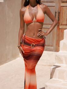 Ensemble de bikini femme d'été avec imprimé tie-dye, style ras-du-cou sexy, avec cache-maillot et jupe - Multicolore - Voir 5