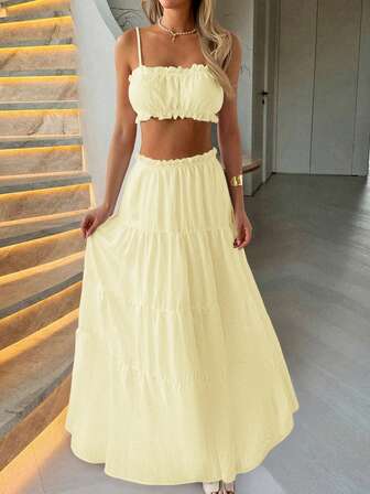 Look Polly damset i två delar, enfärgad axelbandslös linnetopp och lång kjol, damklänning, outfit för skolstart, krämgula höstkläder för kvinnor, lämplig för kyrka, semester, konserter, casual hemklädesset, elegant damoutfit, strandset, modeserier, nyårslook