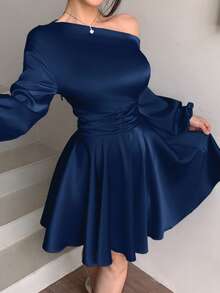 abyoxi Women's Navy Blue Elegant Sexy Asymmetric Neck Puff Long Sleeves Ruffle Hem Satin Mini Dress With Waist Ruched Design, Sexy Romantic, Party, Date, New Year, Valentine's Day, Spring Summer Fall Short Dresses - Navy Blue - View 5