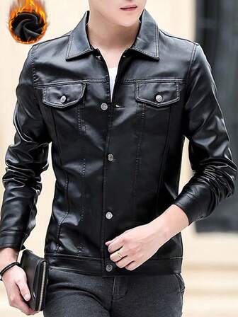 Men's Autumn/Winter Thermal Lined Front Button PU Leather Jacket