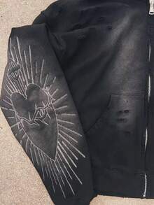 Unisex Heart-Embroidered Zip-Up Hoodie, Casual Distressed Long-Sleeved Hoodie. - Black - View 4