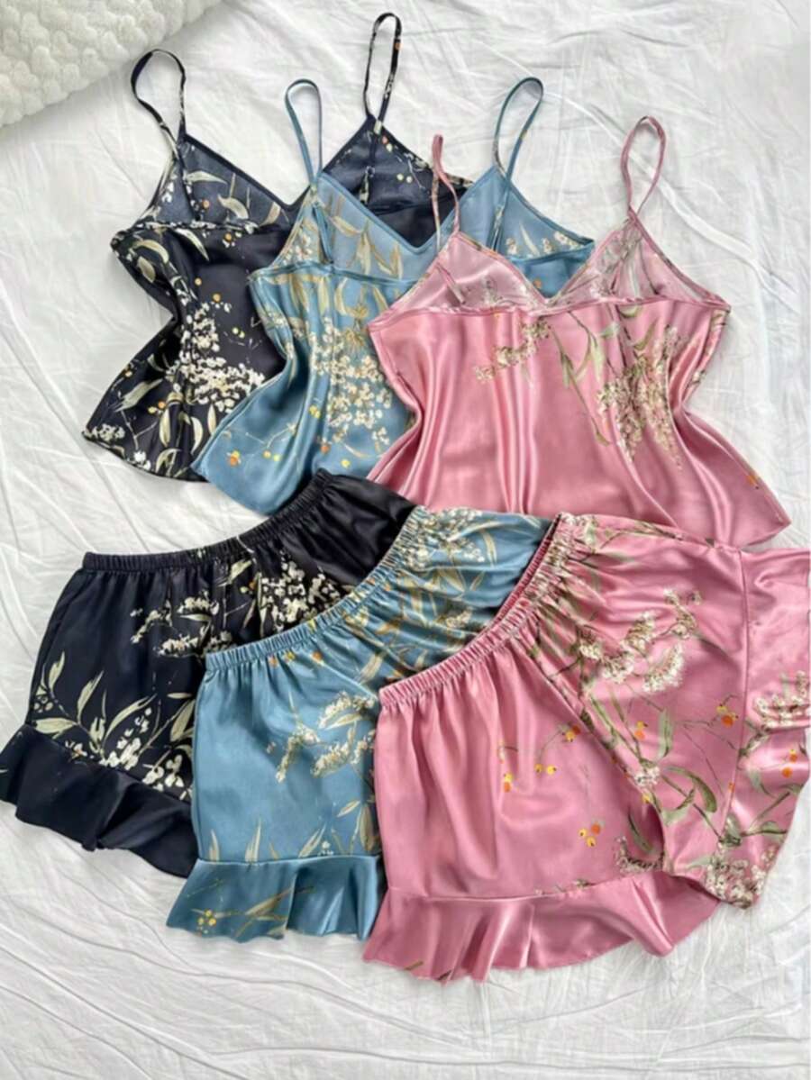 Women's V-Neck Small Cherry Print Comfortable And Sexy Camisole And Ruffled Shorts Pajama Set (6-Piece Set) - Nhiều màu - Xem 1