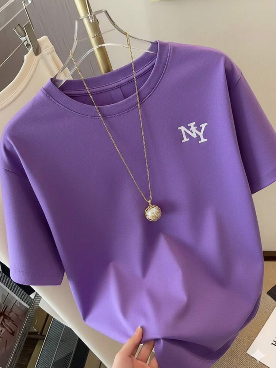 Stylish Women's Printed T-Shirt New York Launch 100% Cotton Loose Oversized Plus Size T-Shirt - Asphalt Vibe - 紫色 - 查看 1
