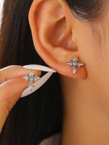 1 对男士时尚优雅耳钉，简约几何独特设计 - 十字 - 查看 14