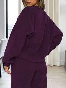 大码女式优雅纯色口袋长袖休闲套装，适合上学、度假、办公、秋冬季穿着，两件套，春季款 - 紫色 - 查看 3
