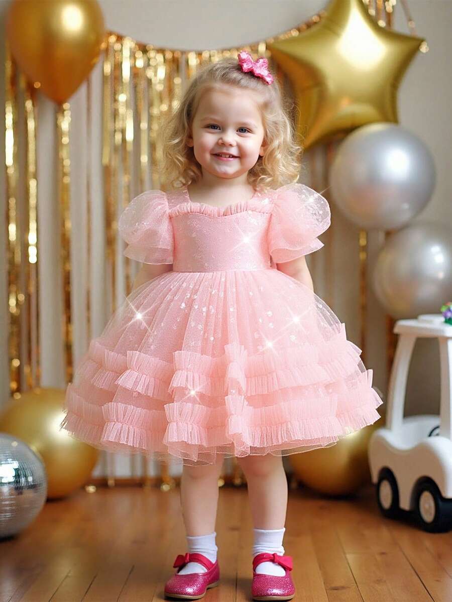 Baby Girl Butterfly Print Tulle & Satin Puff Sleeve Peplum Dress, Elegant Fancy Flower Girl Dress For Birthday Party, Excluding Headband - Pink - View 1