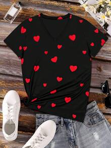 Women's V-Neck Short Sleeve Casual T-Shirt, Fashionable Elegant Resort Sweet Romantic Heart Print, Spring - Dark Grey - View 2