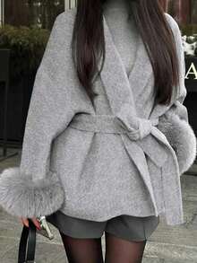 Autumn/Winter Women's New Aristocratic Style Tie-Up Faux Fur Sleeve Jacket, Elegant Wool-Like Fabric, Slim Fit, Kimono-Style Tie Belt Wool Coat Autumn/Winter Women's New Aristocratic Style Tie-Up Faux Fur Sleeve Jacket, Elegant Wool-Like Fabric, Slim Fit, Kimono-Style Tie Belt Wool Coat Women's Warm Faux Wool Fabric Coat, V-Neck, Drop Shoulder Long Sleeve, Tie Belt Design, Faux Fur Cuffs, Belted Waist, Elegant Style Suitable For Autumn/Winter - Light Grey - View 3