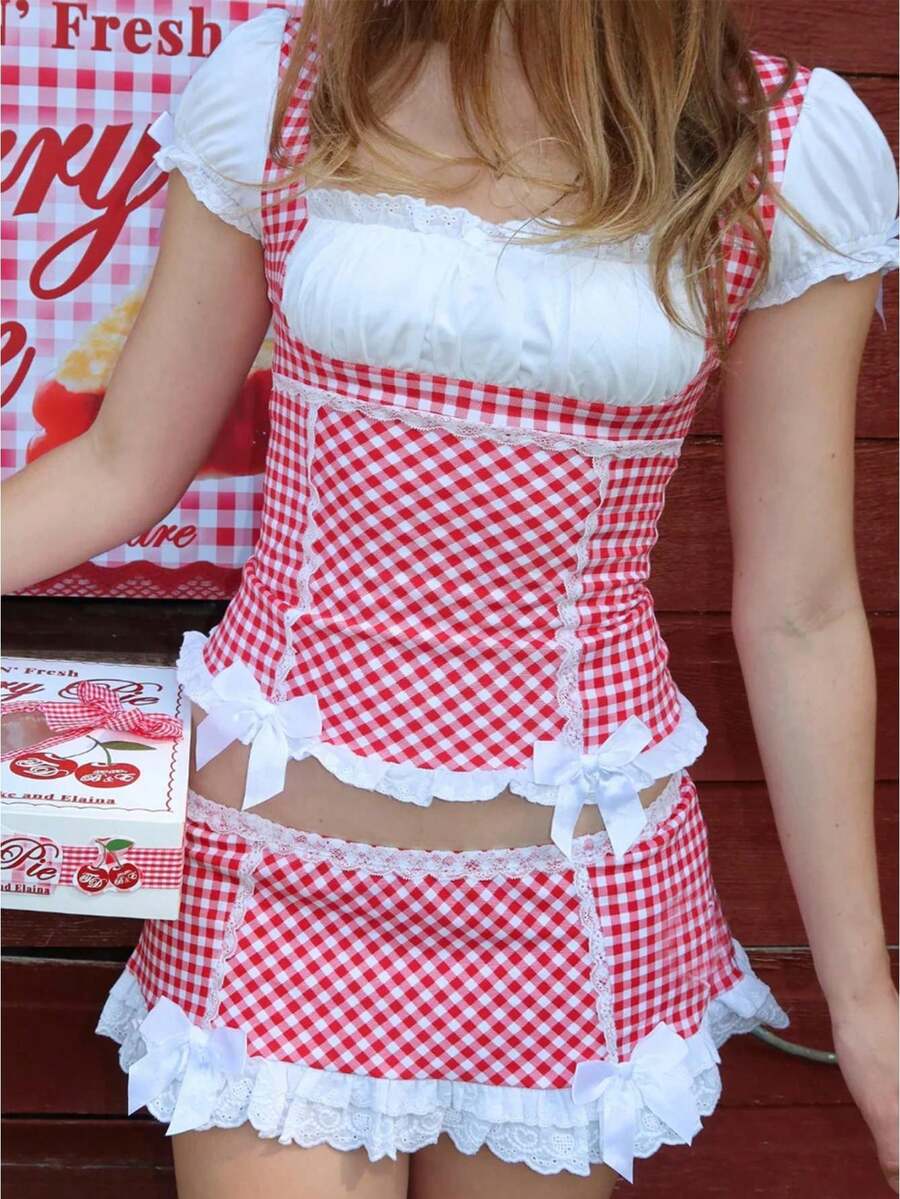 Kawaill Lolita Style 2 Piece Set Outfits Y2k Gingham Puff Short Sleeves Crop Tops + Lace Trim Mini Dress Women Sweet Outfits - 紅色 - 查看 1