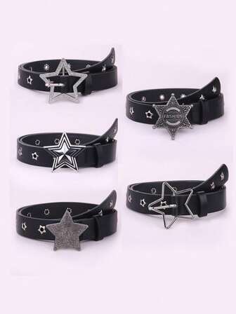 1pc Men's Belt With Pentagram Buckle, Punk Rock Subculture Accessory, Music Festival, Retro Y2K American Style, Casual Black Leather Belt, Fashion Decoration For Jeans