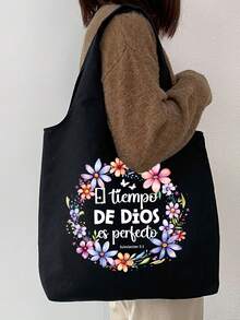 印花帆布手提袋 + 黑色收纳袋，饰有花环图案和白色文字“El Tiemeo De Dioses Perbedo”，便携休闲收纳手提包，方便旅行化妆包、手提袋、旅行包、多功能购物袋，适合购物、婚礼、生日、海滩、假日、返校、圣诞节、感恩节、新年等场合作为礼物。 - 彩色 - 查看 5