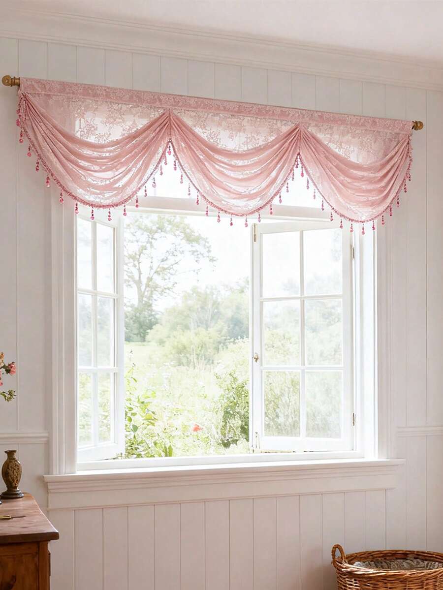 1 Pc Floral Lace Sheer Valance For Living Room Pink Lace Sheer Waterfall Valance For Window Flower Swag Valances For Kitchen Cafe Rod Pocket - Pink - View 1