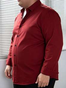 Men's Plus Size Solid Red Shirt, New Classic Long Sleeve Shirt, Elegant Shirt Top For Autumn - Red - View 3