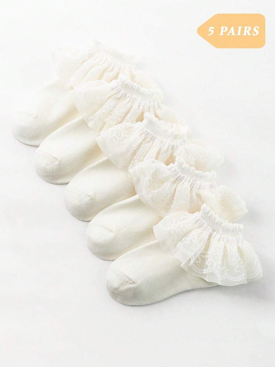 1/5 Pairs Girls Beige Casual Ruffle Trim Socks, Breathable Lace Trim Socks, Princess Style, Dance Socks, Suitable For Daily Wear, Spring/Summer - Beige - View 1