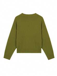 Knit Mix Elegant Women's French Loose Knit Cardigan, Christmas, Thanksgiving, New Year , Fashionable Long Sleeve Crew Neck Sweater, Casual Solid Color Cardigan For Autumn/Winter - Dark Green - View 2