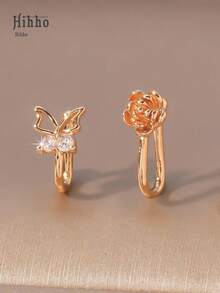 Hihho 2pcs Copper Butterfly & Flower Shaped Fake Nose Clip, Gift For Women To Party, Birthday, Valentine's Day, Mother's Day, Mothers - Yellow Gold - View 4