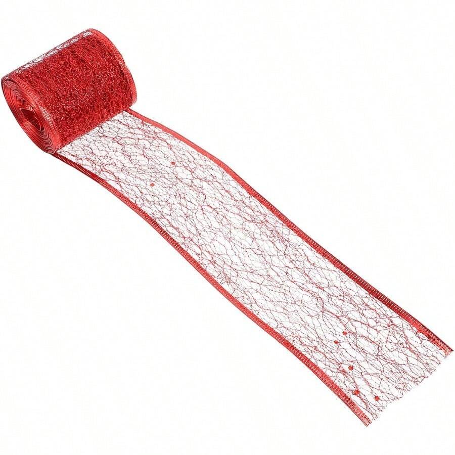 QY- Cinta Decorativa Roja De Malla Brillante Malla De Poliéster Roja 6.3cm 6m Para Manualidades Embalaje De Regalo DecoracióN De Fiestas Y NavideñOs -6194 - Rojo - Ver 1