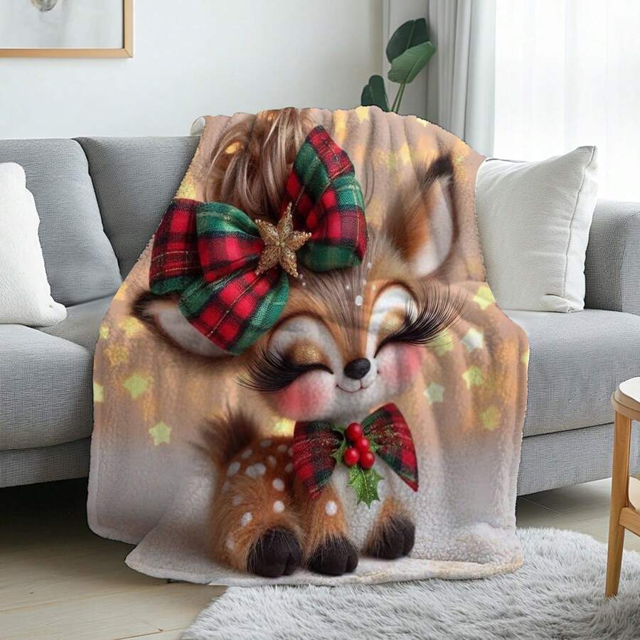1pc Plush Soft Warm Flannel Blanket - Cute Deer With Red & Green Plaid & Golden Bow, Christmas Bows & Holly Berries, All-Season Cozy Bedspread For Bed, Sofa, Couch - Heavyweight Deer Print Throw (Machine Washable), Christmas Throw Blanket, Christmas Throws - White - View 1